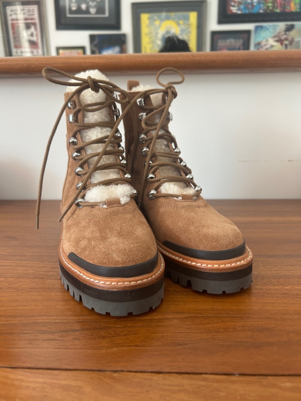 Marc Fisher Tan Suede Lace-Up Shearling Combat Boots